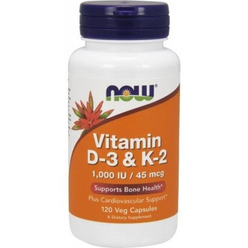 NOW Foods Vitamin D3 & K2 1000IU/45mcg 120vcaps. Zdrowe Kości