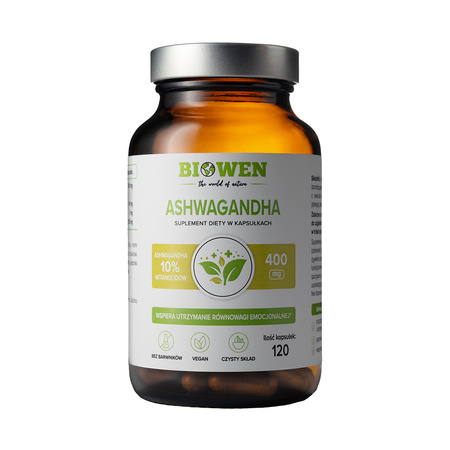 Biowen Ashwagandha 400mg 10% - 120 kaps. witanolidy  sen stres energia